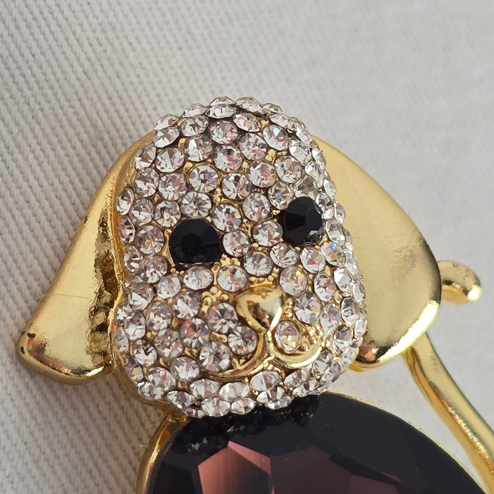 Vintage Gold Tone Rhinestone Dog Brooch with Large Purple Stone