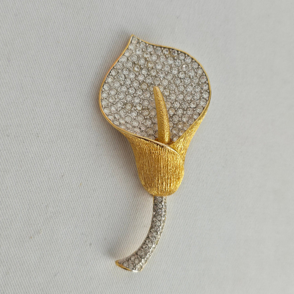 Vintage Nolan Miller Signed Calla Lily Flower Brooch Pave Crystal Gold Tone Pin