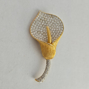 Vintage Nolan Miller Signed Calla Lily Flower Brooch Pave Crystal Gold Tone Pin