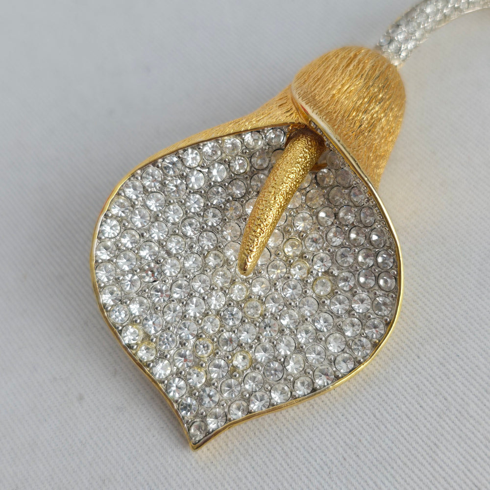 Vintage Nolan Miller Signed Calla Lily Flower Brooch Pave Crystal Gold Tone Pin