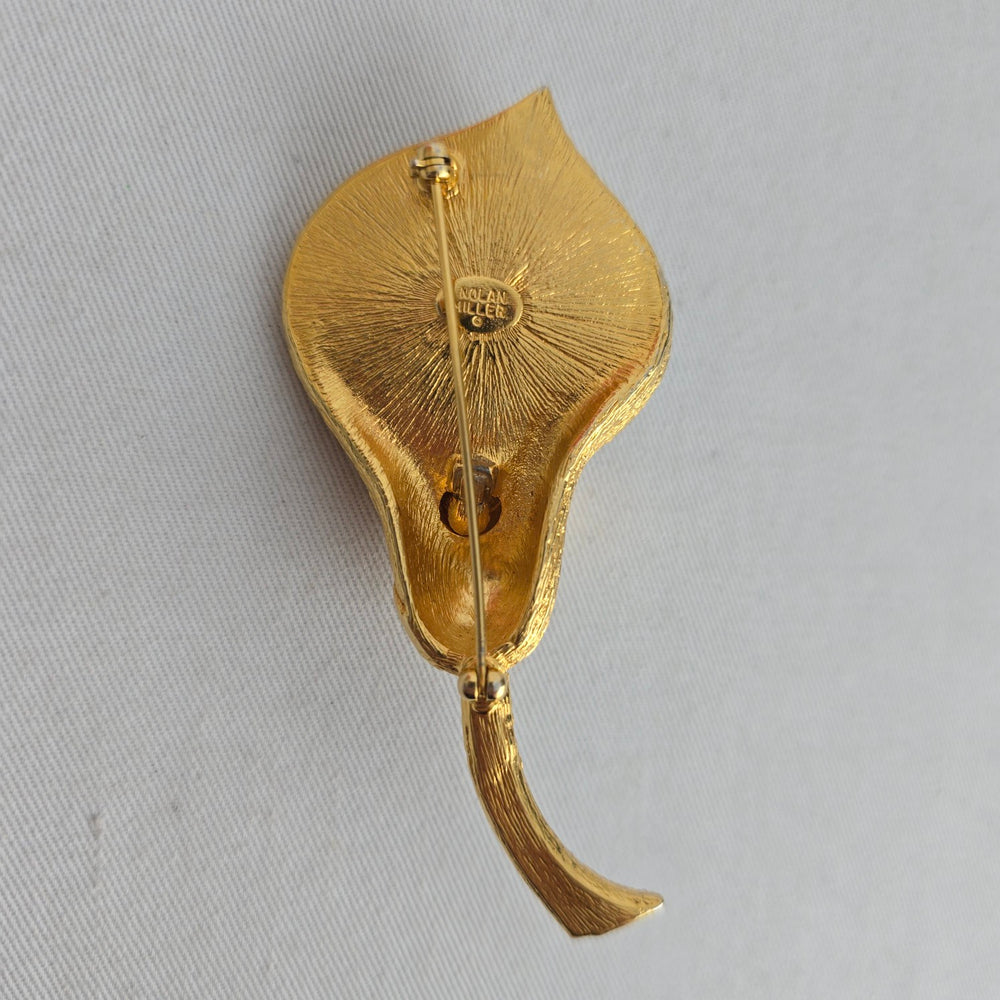 Vintage Nolan Miller Signed Calla Lily Flower Brooch Pave Crystal Gold Tone Pin