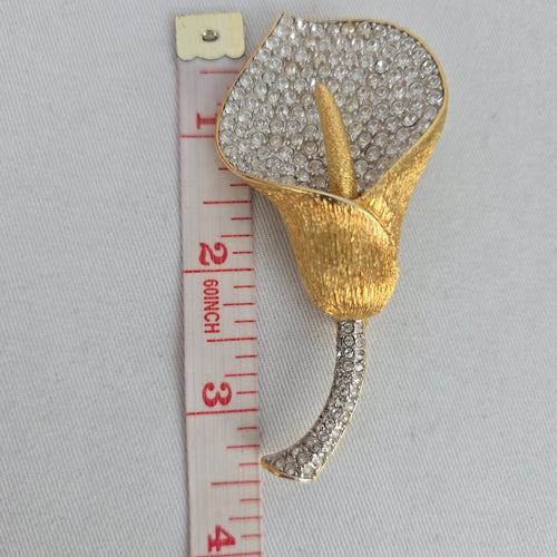 Vintage Nolan Miller Signed Calla Lily Flower Brooch Pave Crystal Gold Tone Pin