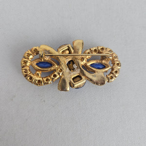Vintage Czech Unsigned Sapphire Blue Glass Marquise Cabochon Bow Brooch Gold Tone Pin