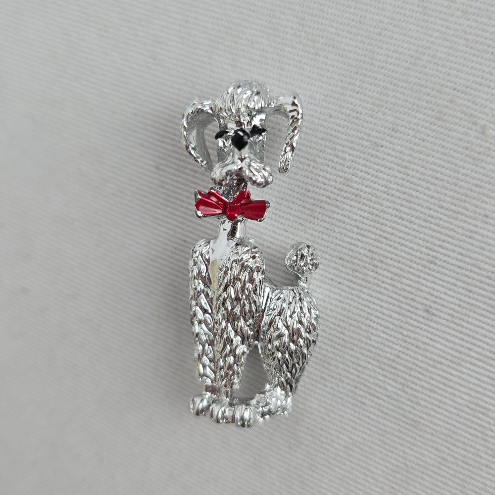 Vintage Silver Tone Poodle Dog Brooch Red Bow Black Enamel Pin