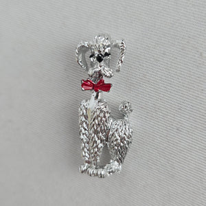 Vintage Silver Tone Poodle Dog Brooch Red Bow Black Enamel Pin