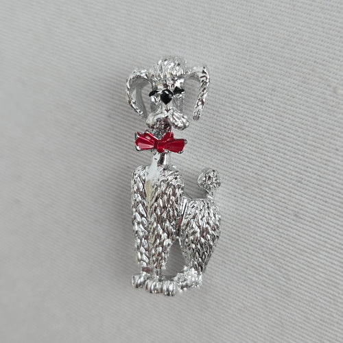 Vintage Silver Tone Poodle Dog Brooch Red Bow Black Enamel Pin