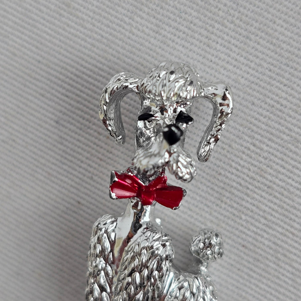 Vintage Silver Tone Poodle Dog Brooch Red Bow Black Enamel Pin