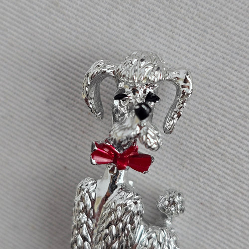 Vintage Silver Tone Poodle Dog Brooch Red Bow Black Enamel Pin