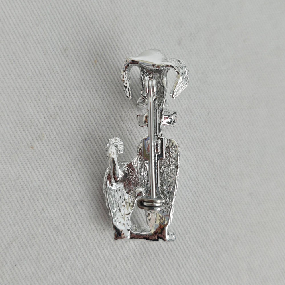 Vintage Silver Tone Poodle Dog Brooch Red Bow Black Enamel Pin