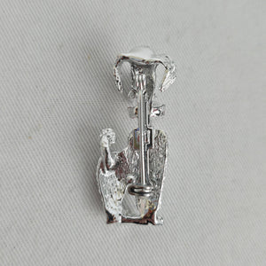 Vintage Silver Tone Poodle Dog Brooch Red Bow Black Enamel Pin