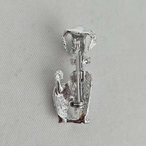Vintage Silver Tone Poodle Dog Brooch Red Bow Black Enamel Pin