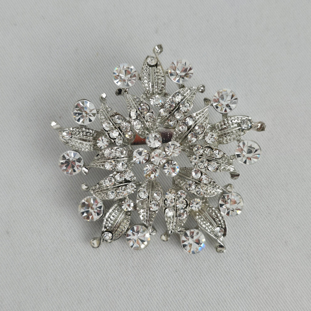 Vintage Silver Tone Clear Rhinestone Floral Spray Brooch Statement Pin