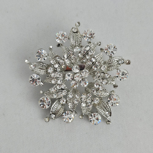 Vintage Silver Tone Clear Rhinestone Floral Spray Brooch Statement Pin