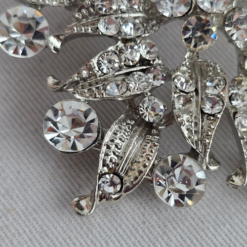 Vintage Silver Tone Clear Rhinestone Floral Spray Brooch Statement Pin