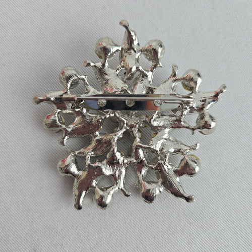 Vintage Silver Tone Clear Rhinestone Floral Spray Brooch Statement Pin