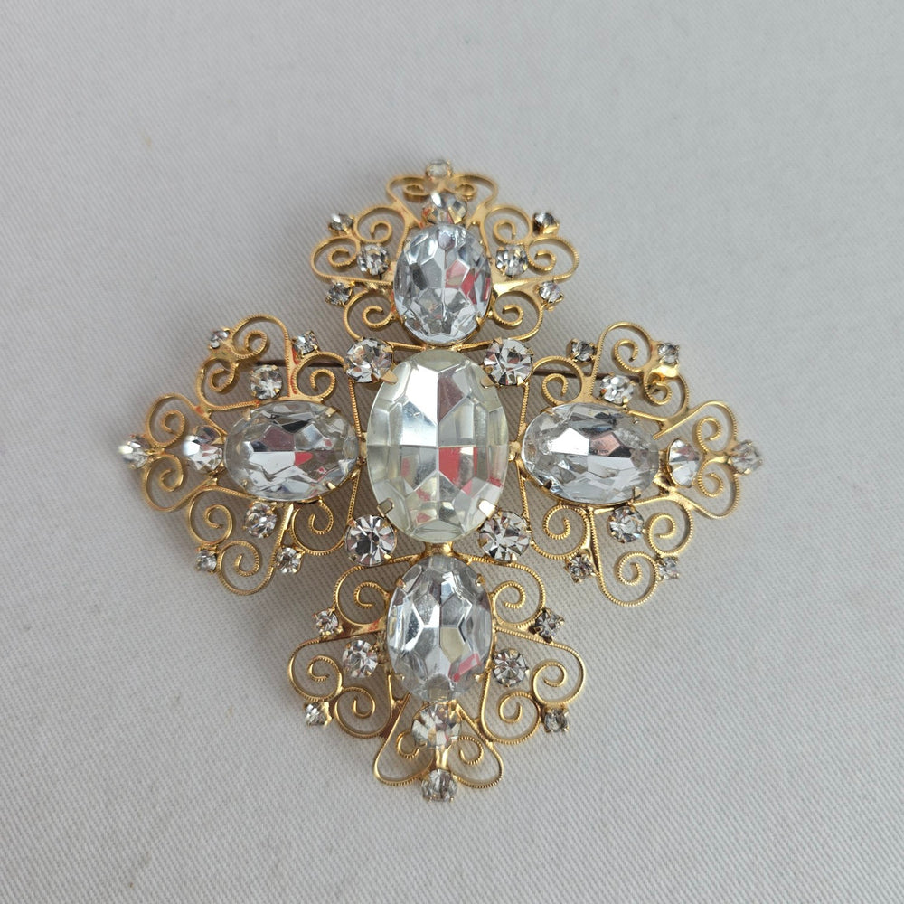 Vintage Oversize Gold Tone Filigree Cross Brooch with Clear Stones