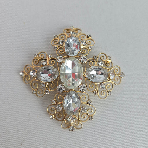 Vintage Oversize Gold Tone Filigree Cross Brooch with Clear Stones