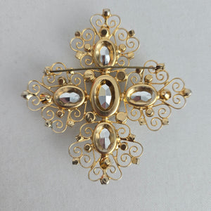Vintage Oversize Gold Tone Filigree Cross Brooch with Clear Stones