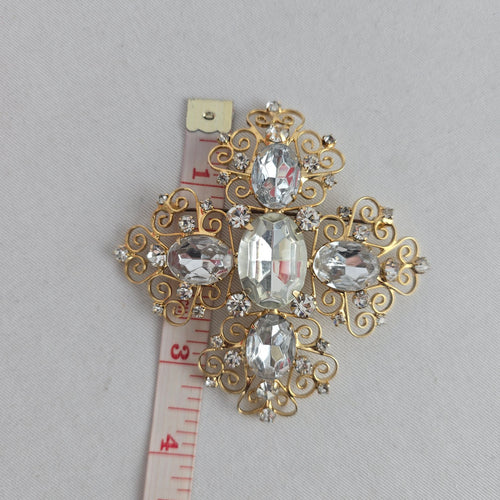 Vintage Oversize Gold Tone Filigree Cross Brooch with Clear Stones