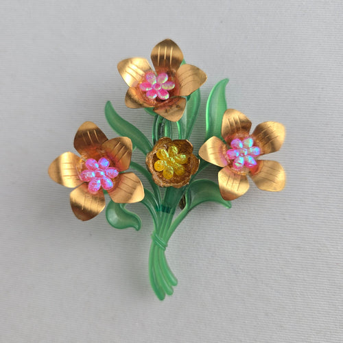 Vintage Mid Century Green Lucite Floral Bouquet Brooch Gold Tone & Pink Starburst Flower Pin