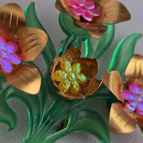 Vintage Mid Century Green Lucite Floral Bouquet Brooch Gold Tone & Pink Starburst Flower Pin