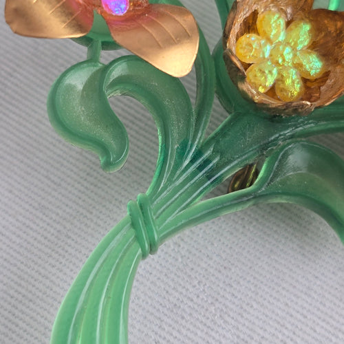 Vintage Mid Century Green Lucite Floral Bouquet Brooch Gold Tone & Pink Starburst Flower Pin
