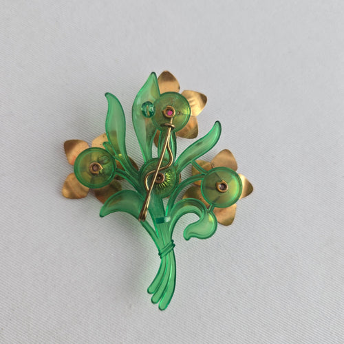 Vintage Mid Century Green Lucite Floral Bouquet Brooch Gold Tone & Pink Starburst Flower Pin