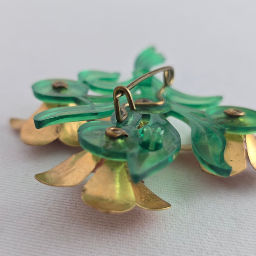 Vintage Mid Century Green Lucite Floral Bouquet Brooch Gold Tone & Pink Starburst Flower Pin