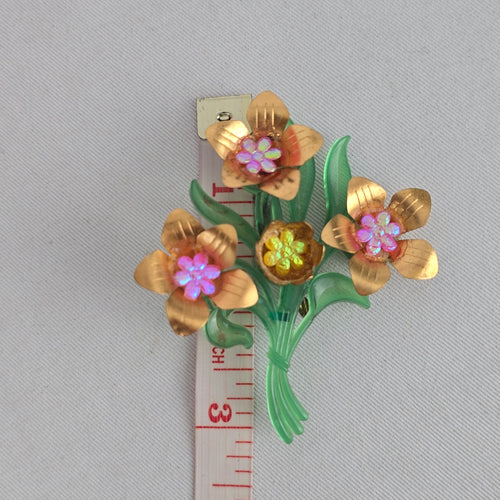 Vintage Mid Century Green Lucite Floral Bouquet Brooch Gold Tone & Pink Starburst Flower Pin