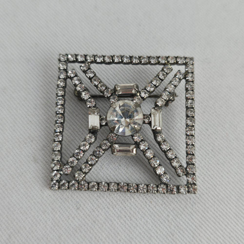 Vintage Art Deco Silver Tone Square Rhinestone Brooch Clear Crystal