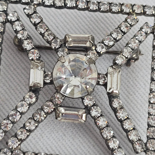 Vintage Art Deco Silver Tone Square Rhinestone Brooch Clear Crystal