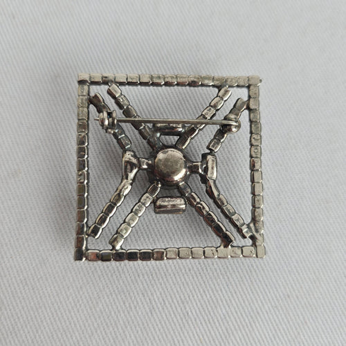Vintage Art Deco Silver Tone Square Rhinestone Brooch Clear Crystal