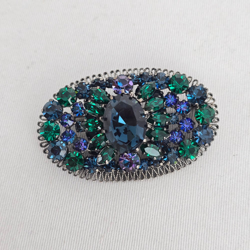 Vintage Mid-Century West German Peacock Rhinestone Oval Brooch