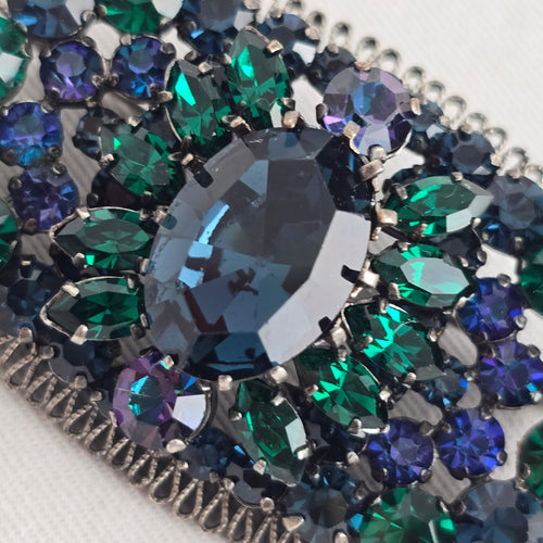 Vintage Mid-Century West German Peacock Rhinestone Oval Brooch