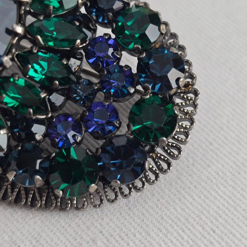 Vintage Mid-Century West German Peacock Rhinestone Oval Brooch