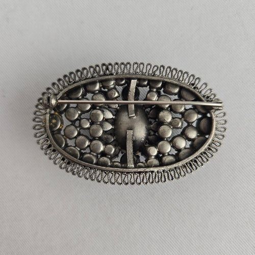 Vintage Mid-Century West German Peacock Rhinestone Oval Brooch