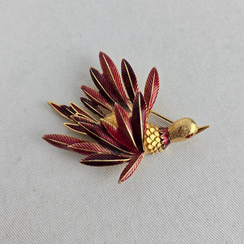 Vintage Burgundy Enamel Pheasant Bird in Flight Brooch Gold Tone Unsigned