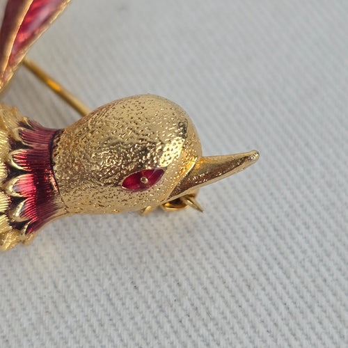 Vintage Burgundy Enamel Pheasant Bird in Flight Brooch Gold Tone Unsigned