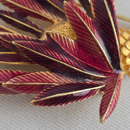 Vintage Burgundy Enamel Pheasant Bird in Flight Brooch Gold Tone Unsigned