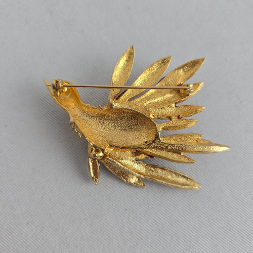 Vintage Burgundy Enamel Pheasant Bird in Flight Brooch Gold Tone Unsigned