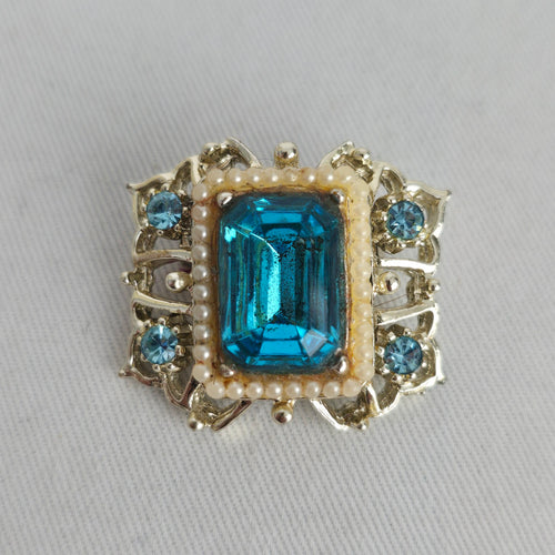 Vintage Gold Tone Blue Stone Faux Pearl Brooch