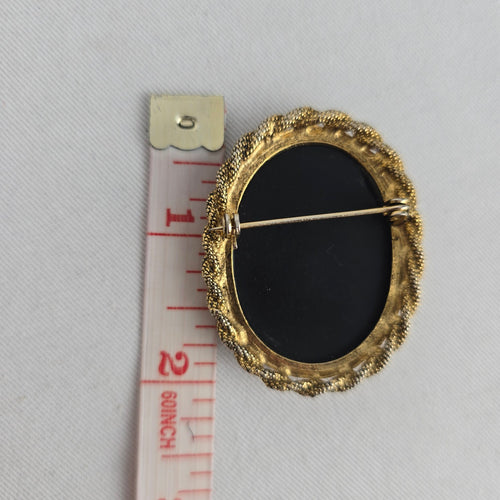 Vintage Black Intaglio Cameo Brooch Grecian Woman Birds Gold Tone
