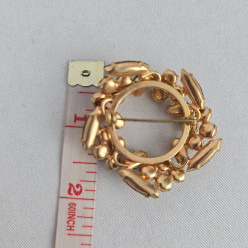 Vintage Amber Brown Rhinestone Wreath Brooch Gold Tone AB Crystal Pin