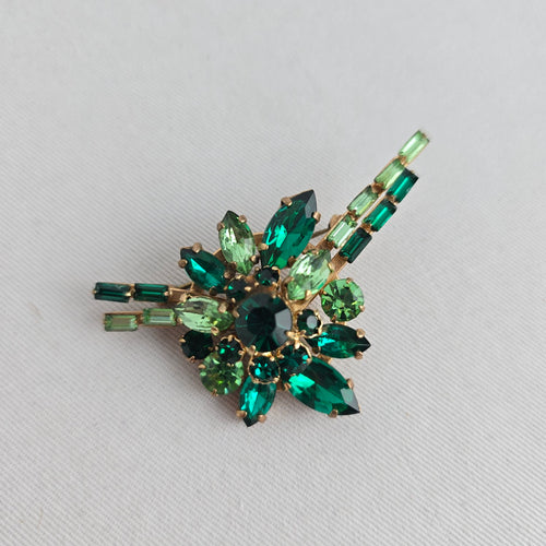 Vintage Green Rhinestone Spray Brooch Gold Tone Emerald Light Green Crystal Pin