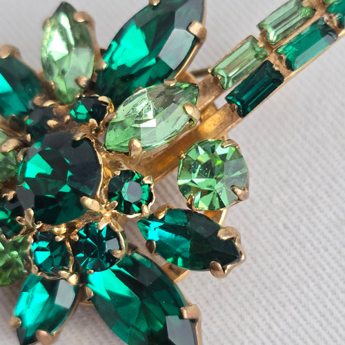 Vintage Green Rhinestone Spray Brooch Gold Tone Emerald Light Green Crystal Pin