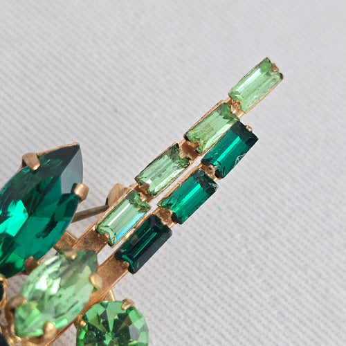 Vintage Green Rhinestone Spray Brooch Gold Tone Emerald Light Green Crystal Pin
