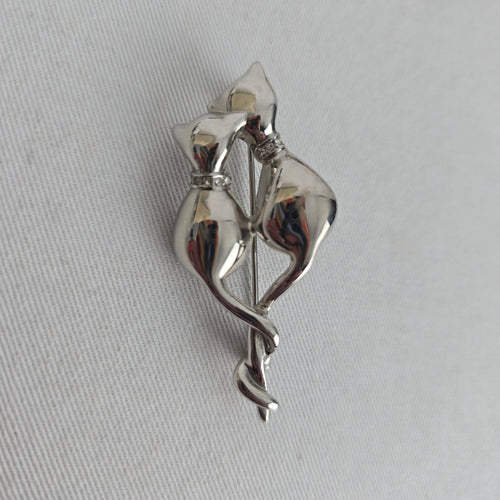 Vintage Silver Tone Double Cat Brooch Rhinestone Collars