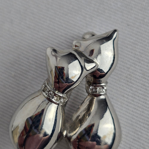 Vintage Silver Tone Double Cat Brooch Rhinestone Collars