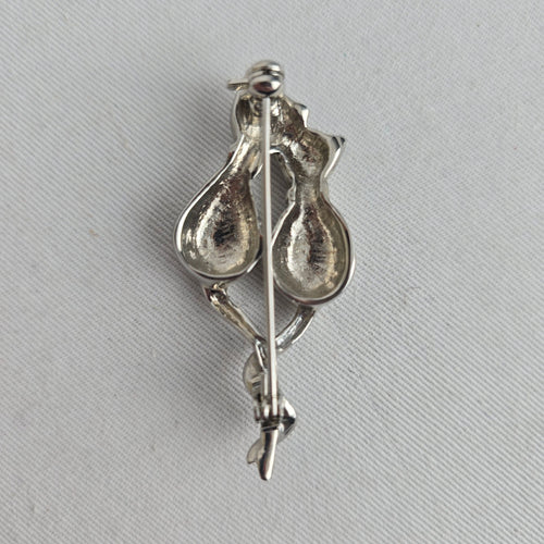 Vintage Silver Tone Double Cat Brooch Rhinestone Collars