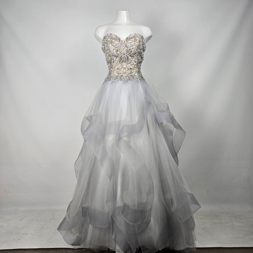 Terani Couture Strapless Silver Gray Beaded Tulle Ball Gown -  Size 8